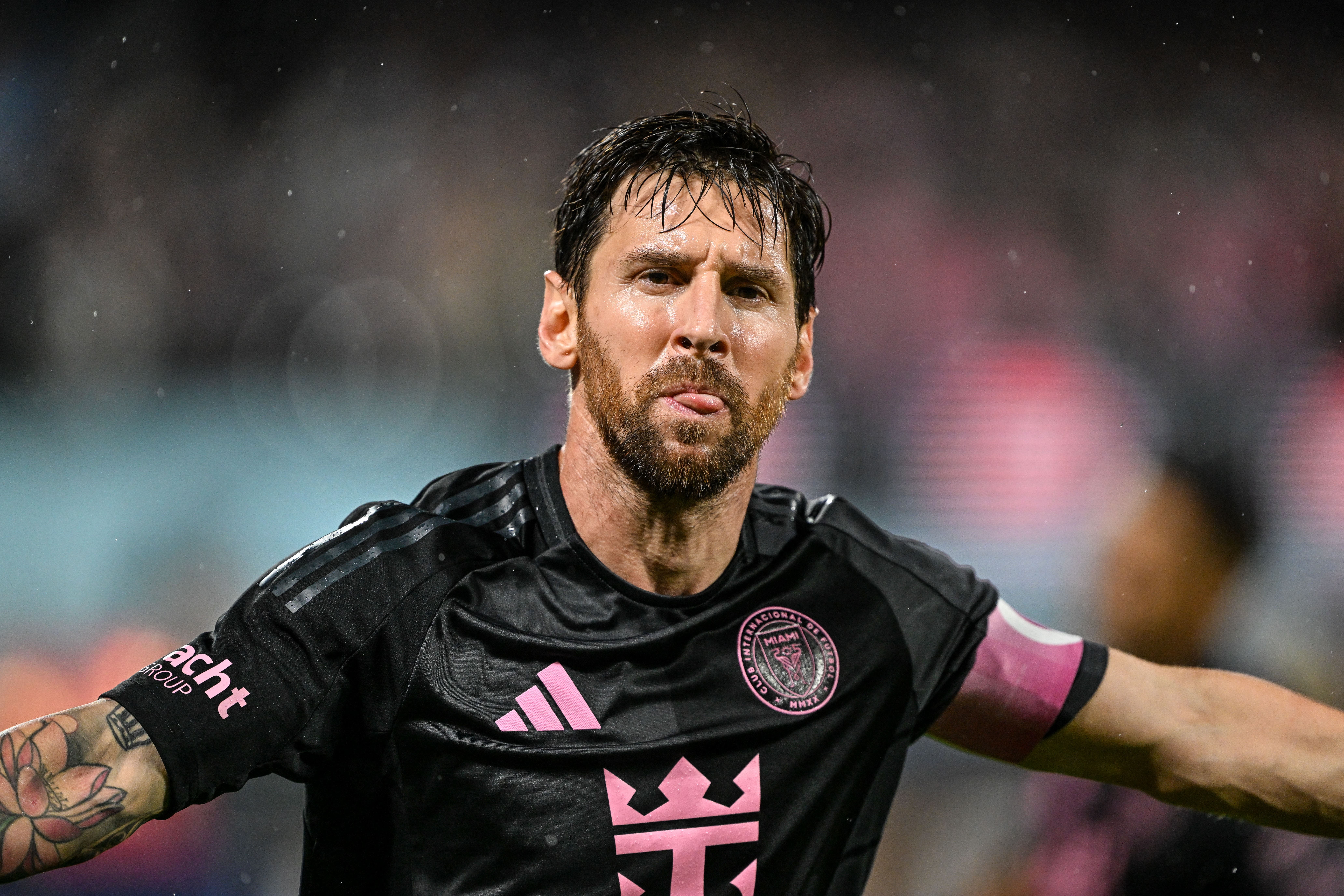 Lionel Messi celebrates one of his goals in the match between Inter Miami and New York City Fc.