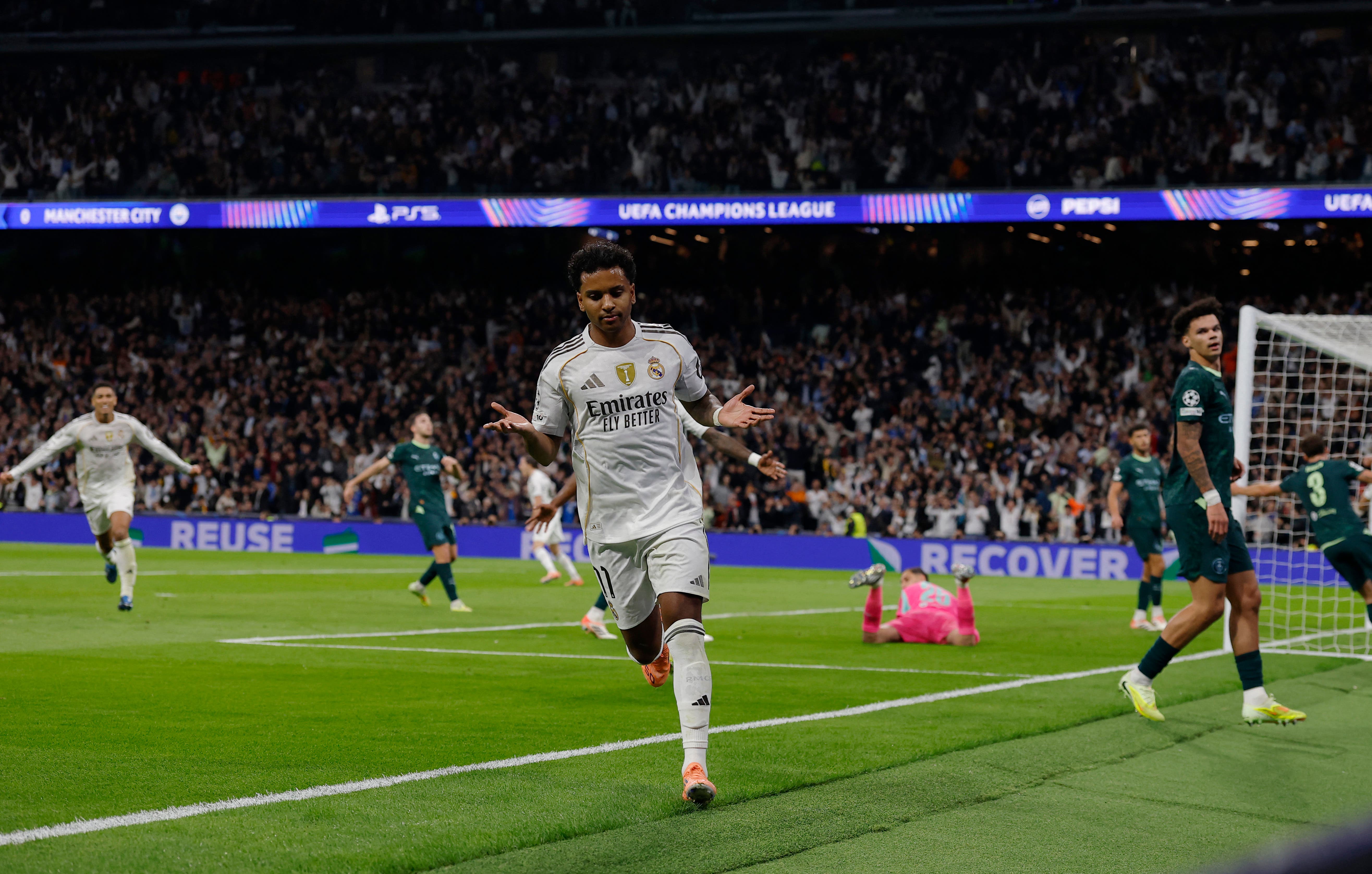 Soccer Football - UEFA Champions League - Real Madrid v Manchester City - Santiago Bernabeu, Madrid, Spain - December 10, 2025 Real Madrid's Rodrygo celebrates scoring their first goal Action Images via Reuters/Andrew Couldridge