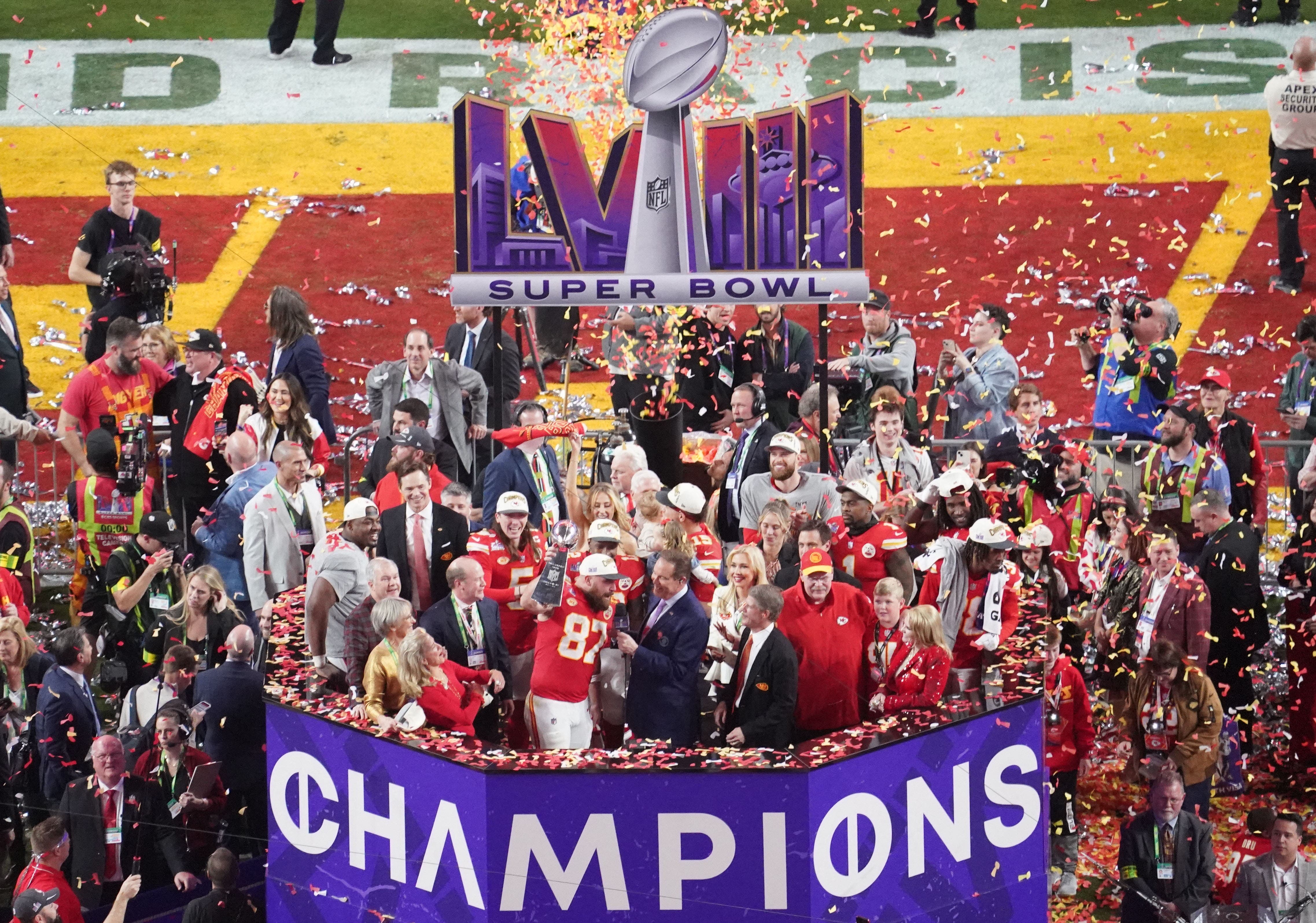 The Kansas City Chiefs celebrate as Super Bowl LVIII Champions