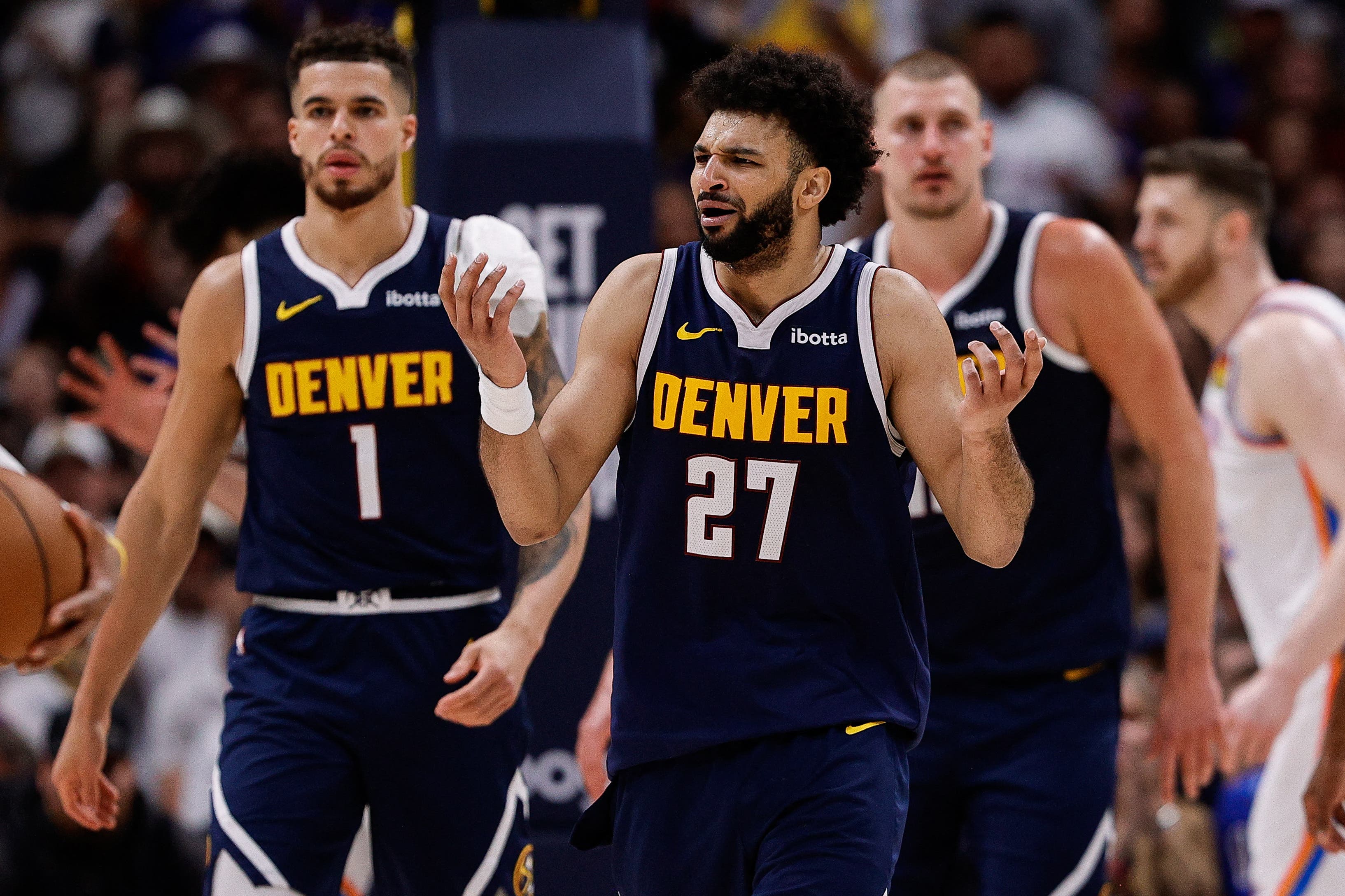Denver Nuggets' Jamal Murray, Michael Porter Jr., and Nikola Jokic against the Oklahoma City Thunder in Game 5.