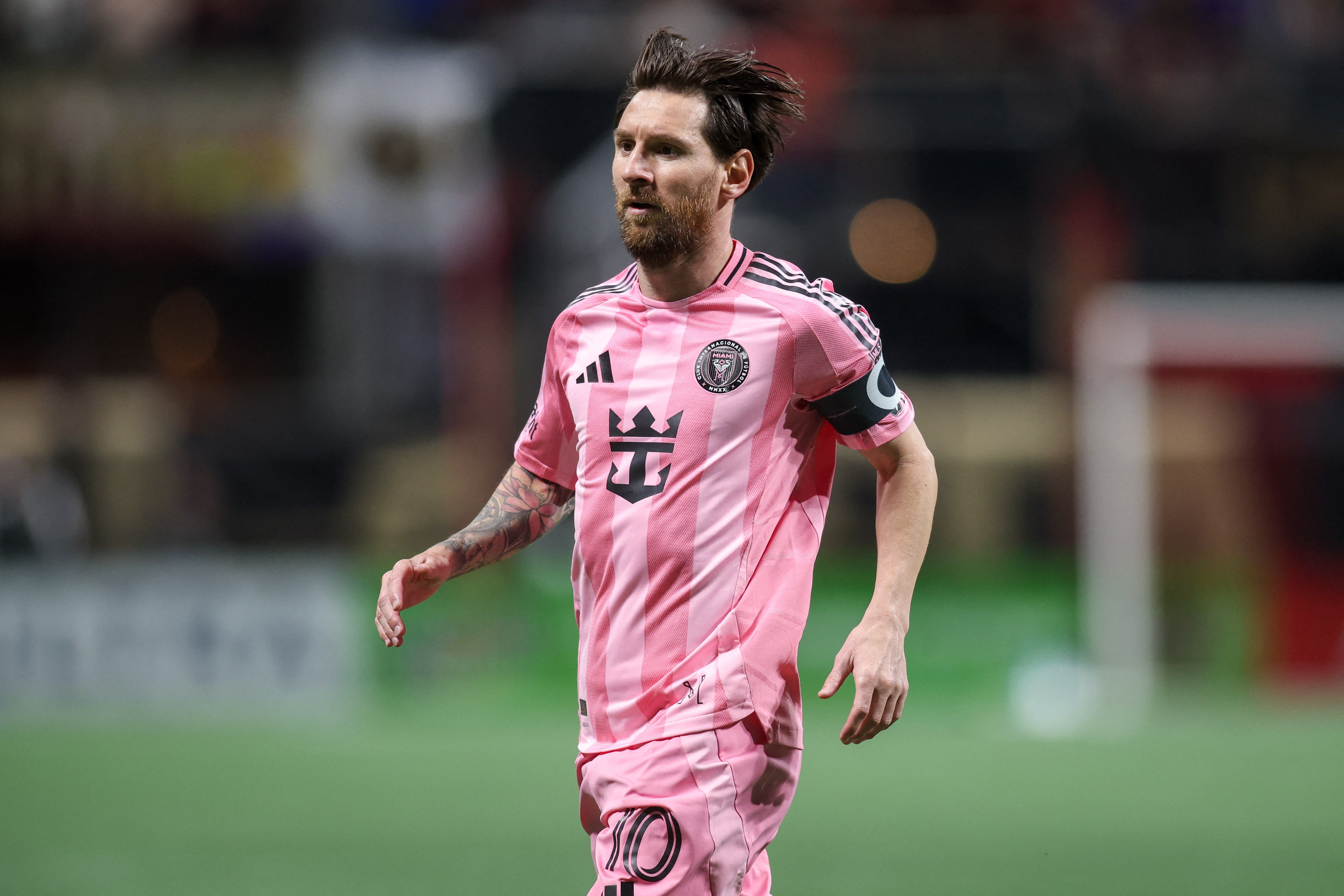 Mar 16, 2025; Atlanta, Georgia, USA; Inter Miami forward Lionel Messi (10) in action against Atlanta United in the second half at Mercedes-Benz Stadium. Mandatory Credit: Brett Davis-Imagn Images