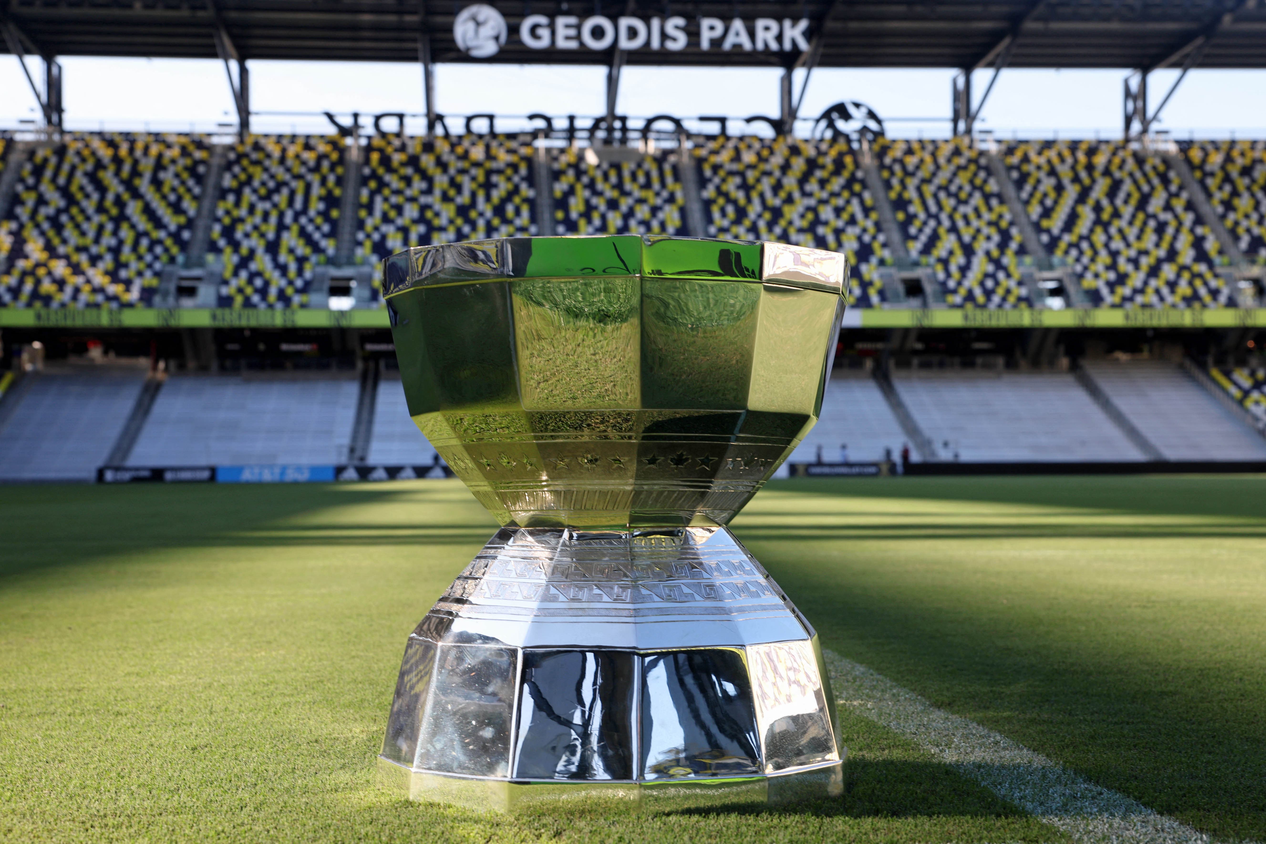 Aug 18, 2023; Nashville, TN, USA; A detail view of the Leagues Cup trophy at Geodis Park. Mandatory Credit: Alan Poizner-USA TODAY Sports