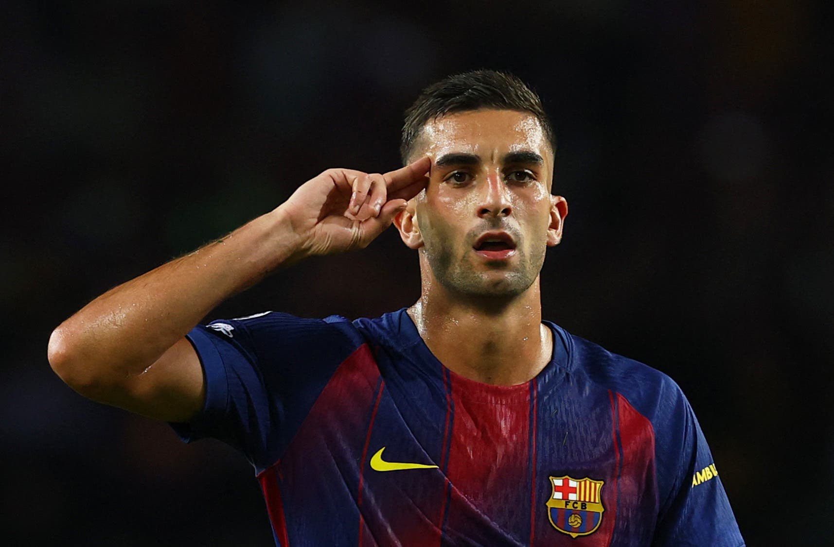 Soccer Football - UEFA Champions League - FC Barcelona v Paris St Germain - Estadi Olimpic Lluis Companys, Barcelona, Spain - October 1, 2025 FC Barcelona's Ferran Torres celebrates scoring their first goal REUTERS/Albert Gea
