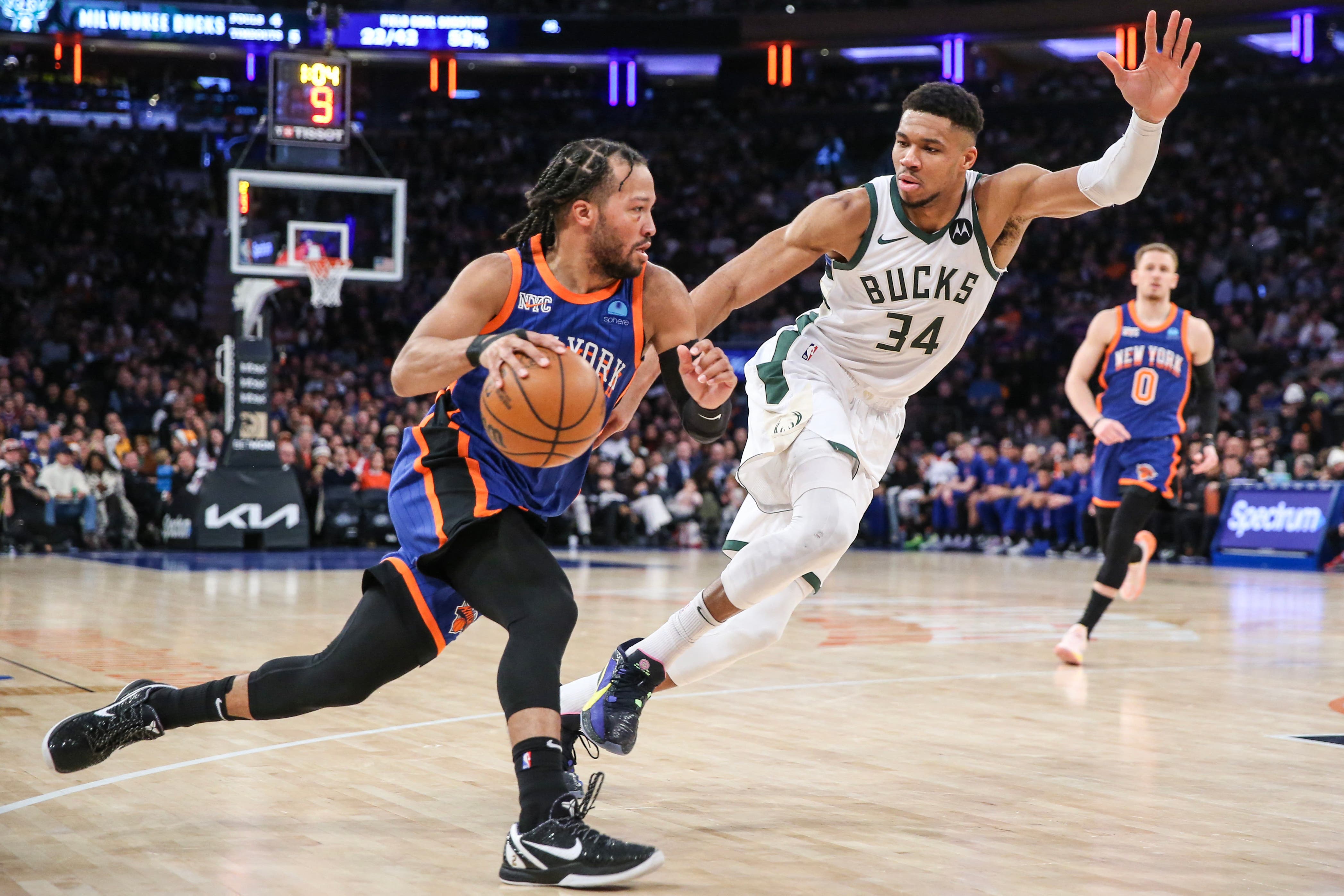 New York Knicks' Jalen Brunson against Milwaukee Bucks' Giannis Antetokounmpo in 2023.
