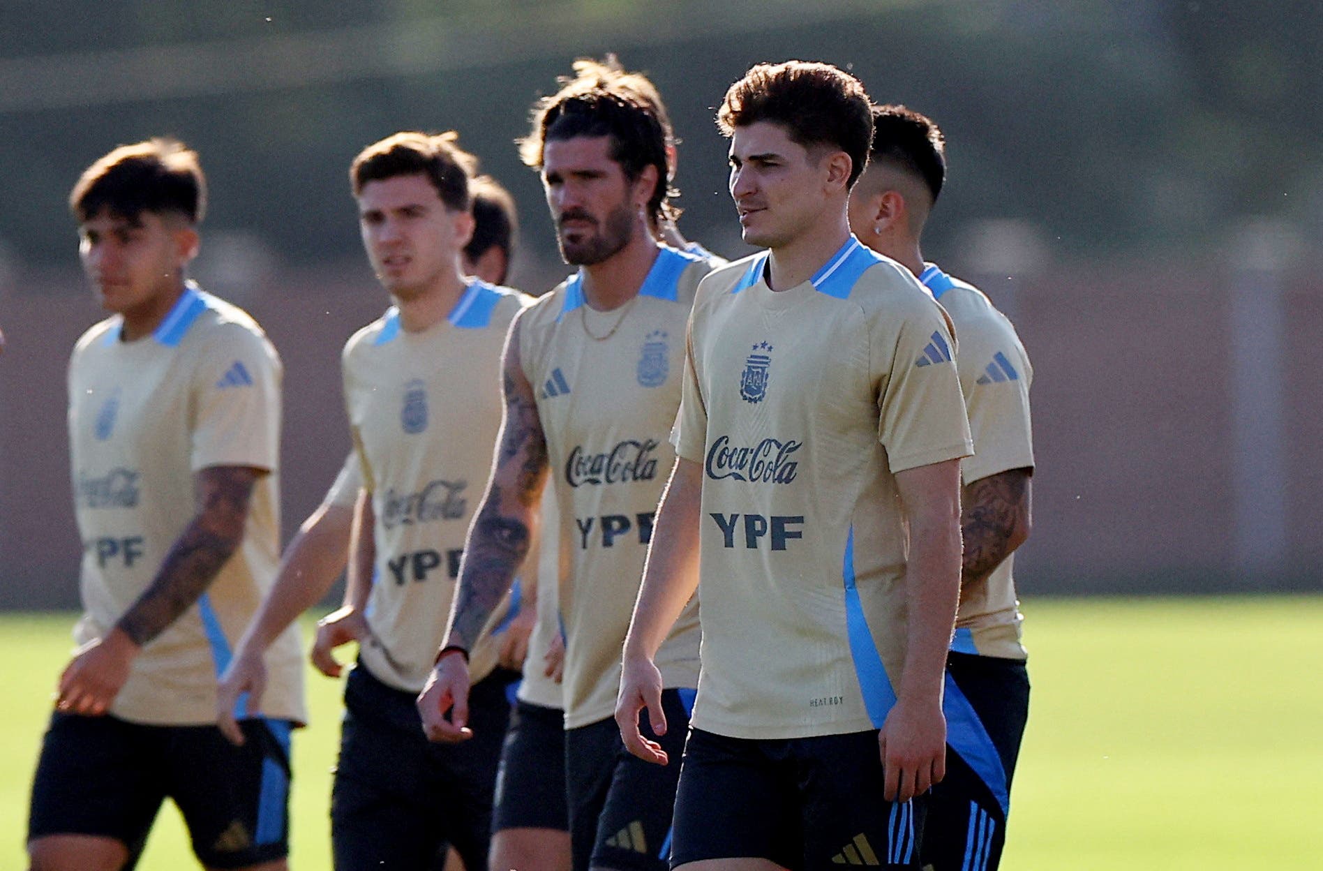 Argentina's Julian Alvarez and Rodrigo De Paul during training