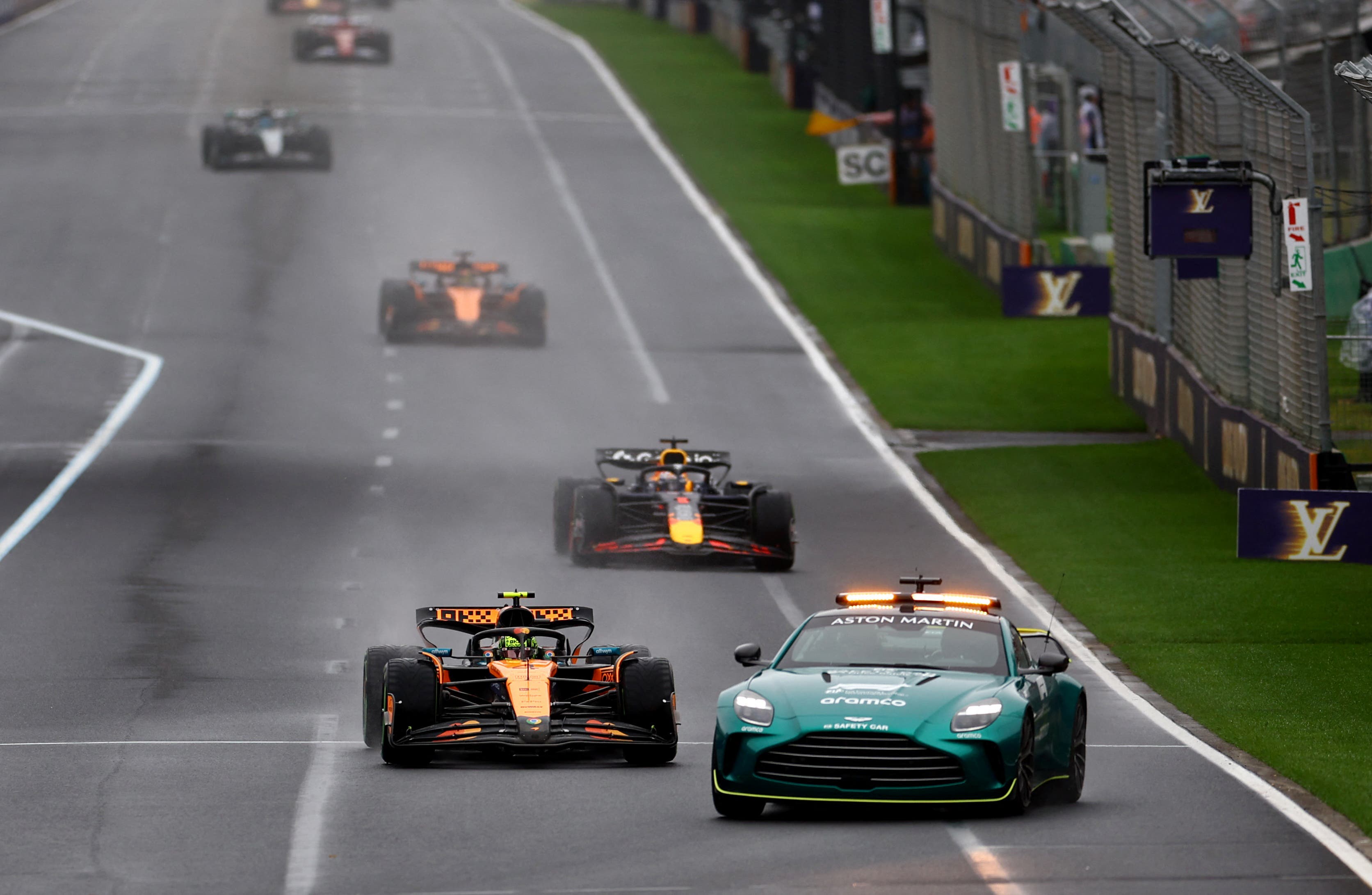 Safety car leading McLaren's Lando Norris, Red Bull's Max Verstappen and McLaren's Oscar Piastri during the Australian Grand Prix 2025.
