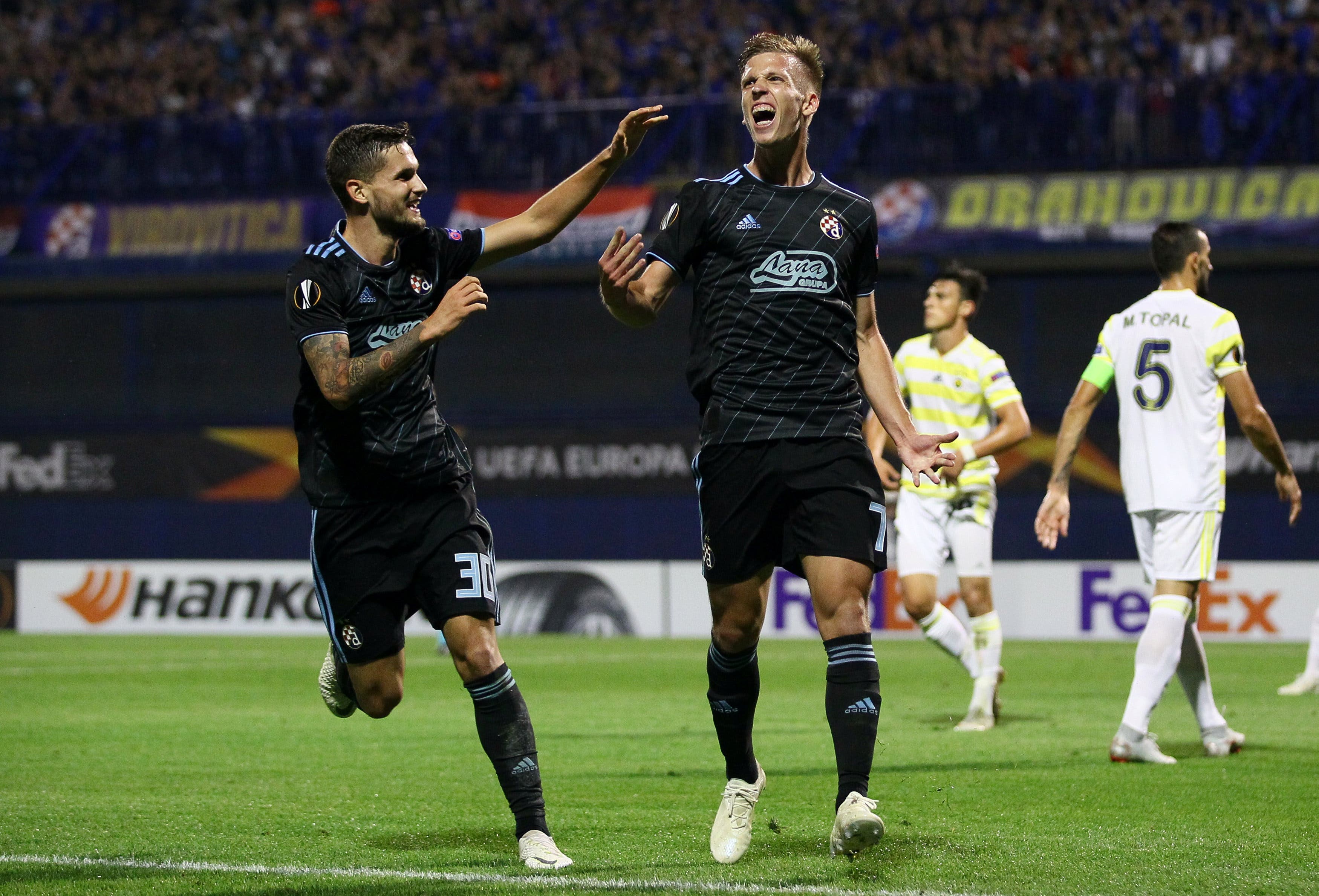 2018 Dinamo Zagreb's Dani Olmo celebrates scoring their fourth goal 