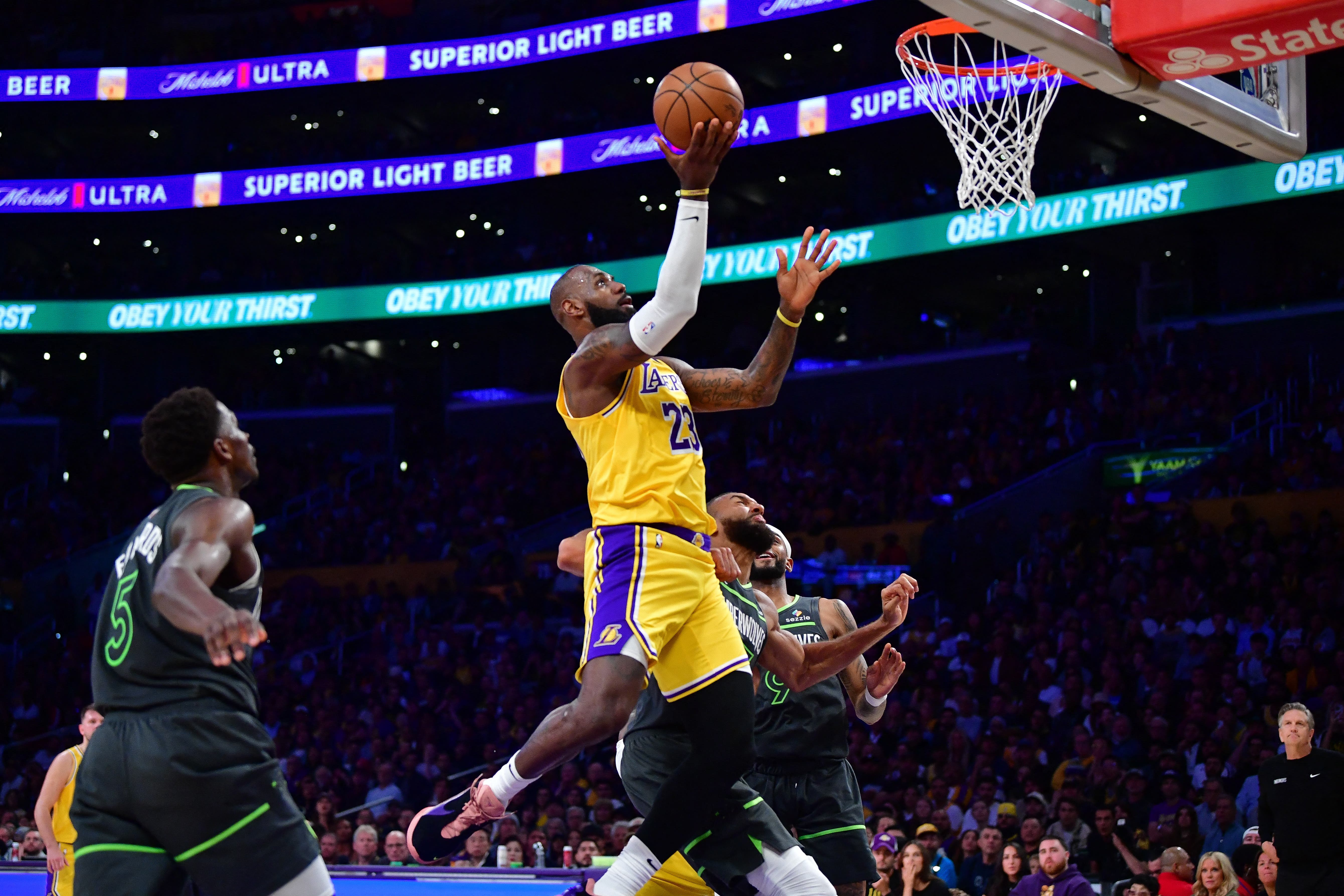 LeBron James playing for the Los Angeles Lakers against the Minnesota Timberwolves.