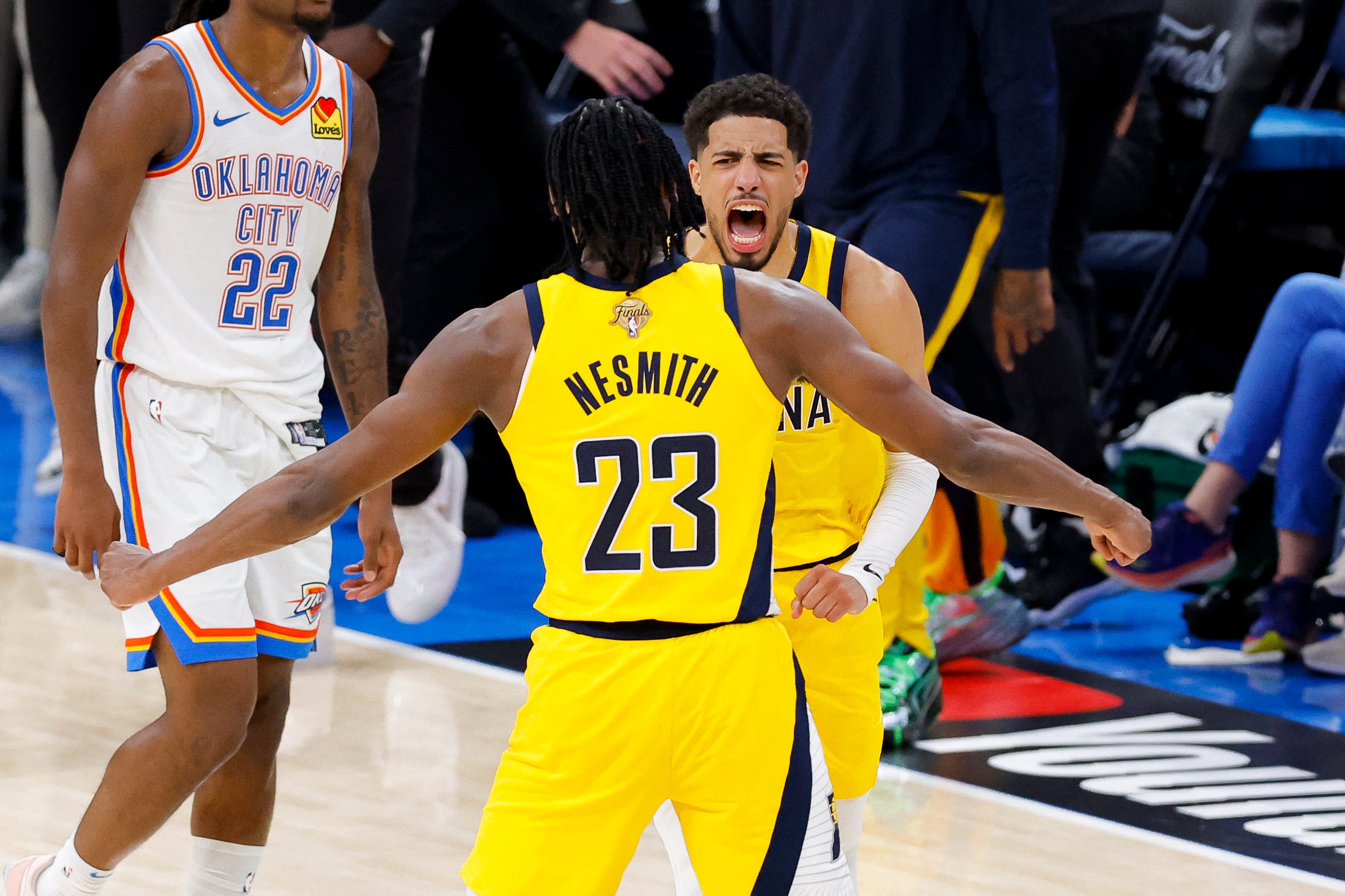 Indiana Pacers' Tyrese Haliburton celebrating the game-winner against Oklahoma City Thunder in Game 1 of the NBA Finals.