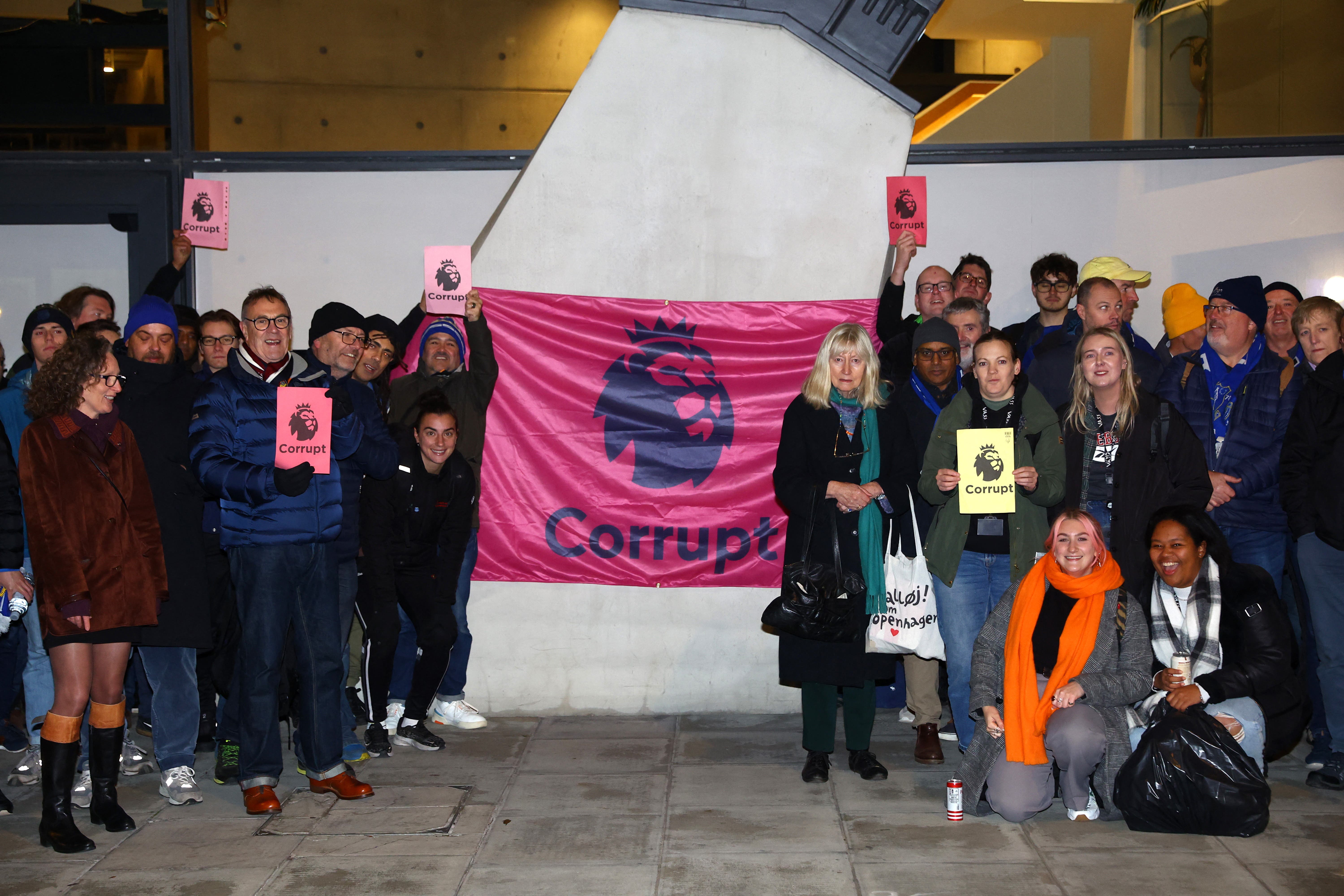 Everton fans protest outside the Premier League's headquarters in London 