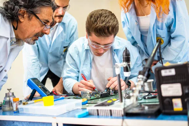 Student working in lab while teacher helps.