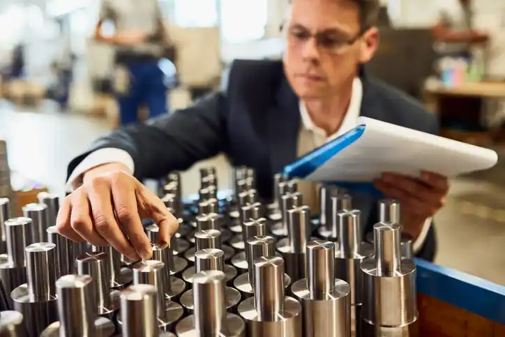 A person inspecting engineering tools holding a clipboard.