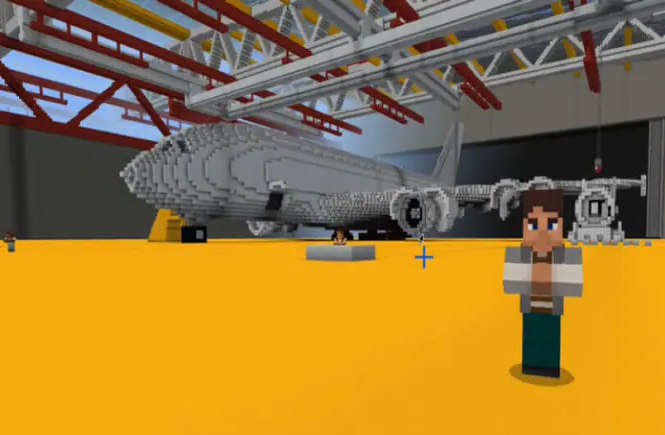 A Minecraft character in front of a plane built in game.