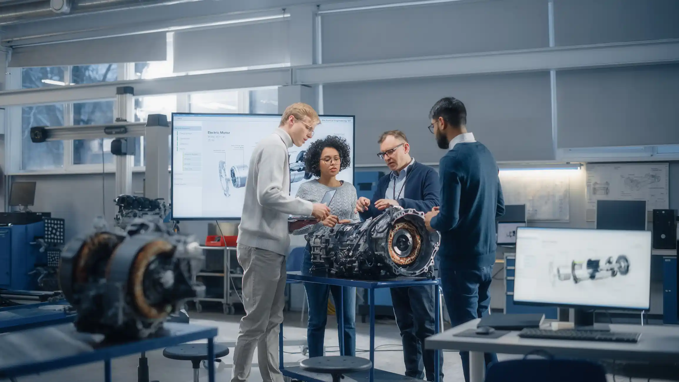 Engineers working on a project around a table.