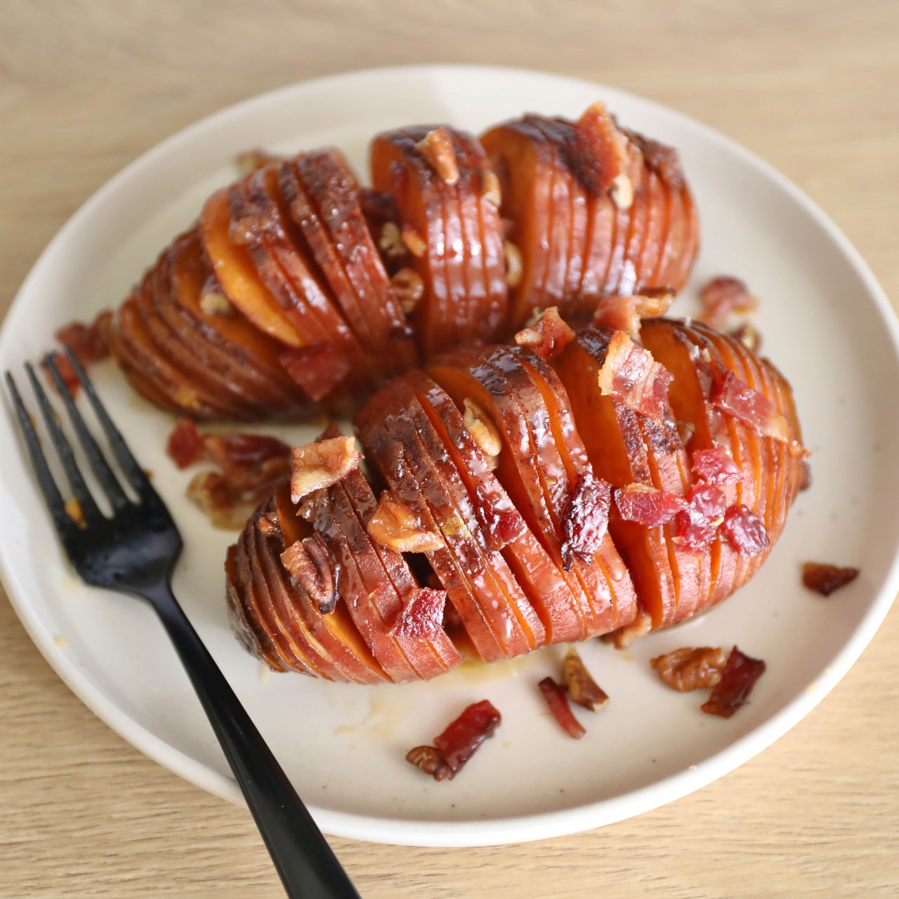 Hasselback Sweet Potatoes with Candied Bacon