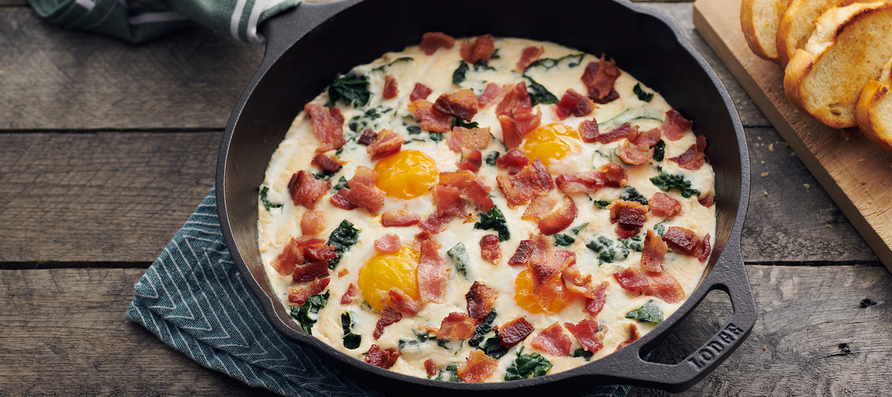 Skillet Baked Eggs with Bacon Alfredo Sauce