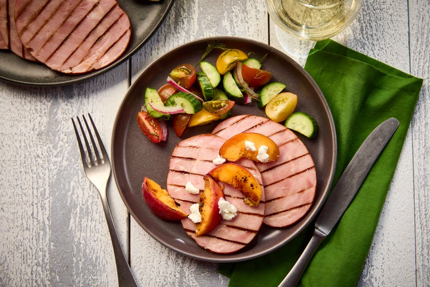 Ham Steaks with Grilled Peaches