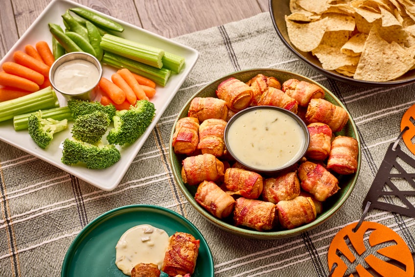 Bacon-Wrapped Pretzel Bites with Green Chile Cheese Dip