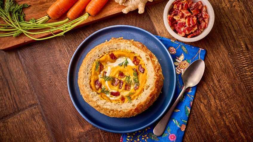 Carrot Ginger Soup with Honey-Glazed Bacon