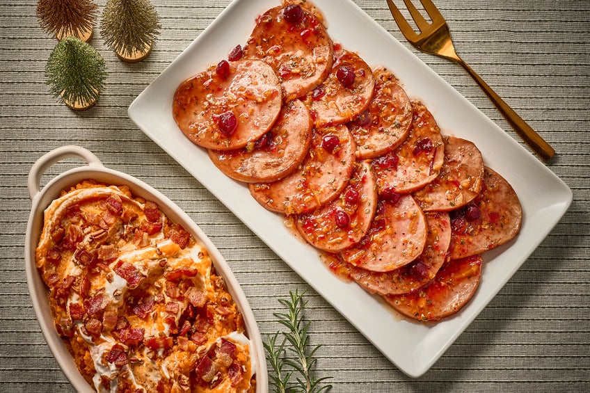 Cranberry Orange Glazed Ham Steaks with Bacon Sweet Potatoes 