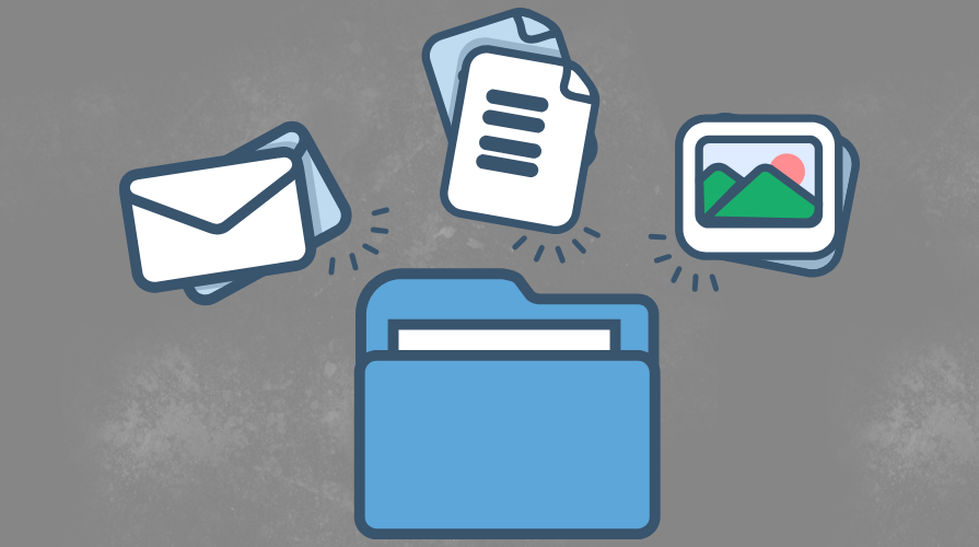 illustration of blue file folder, envelope, forms, and photos