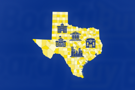 State of Texas in shades of yellow with icons representing schools, local governments, and universities.