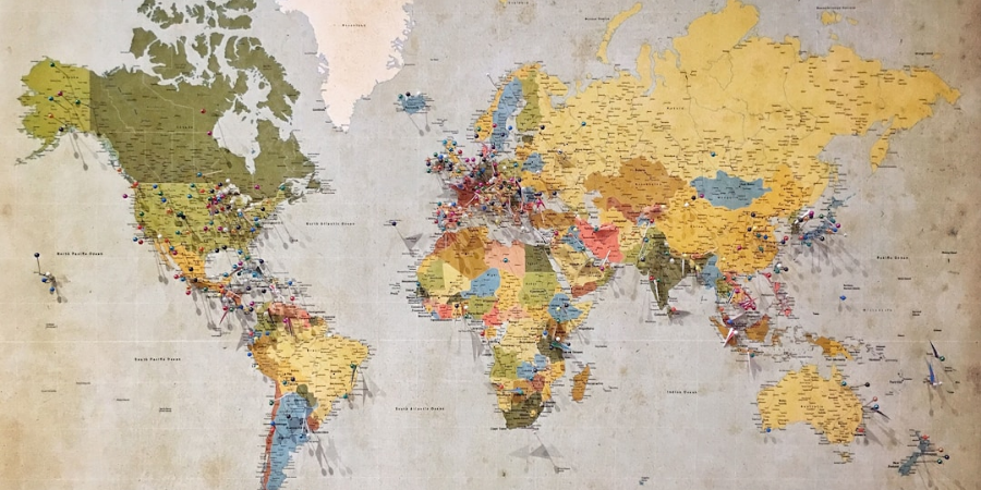 World map with pins in various locations