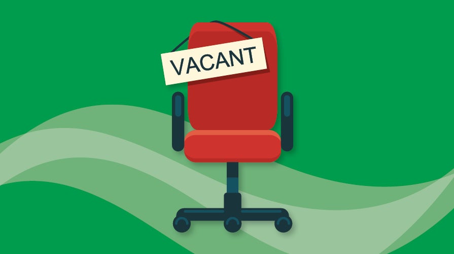 An illustration of an office chair with a vacant sign on it, with a green background