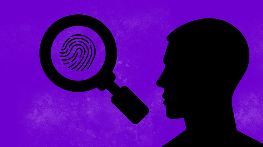 A silhouette of a man next to a magnifying glass, with a fingerprint inside of the lens' view, on a purple background. 