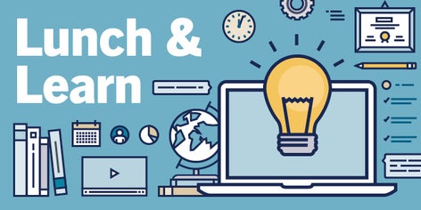 graphic titled Lunch & Learn on light blue background with yellow lightbulb over laptop screen