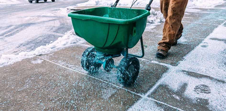 Worker spreading salt on icy sidewalk