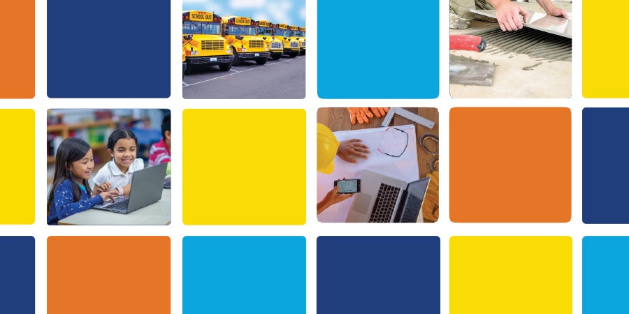 BuyBoard square graphics with images of a school bus, construction work, schoolchildren doing work on a computer, and construction planning.