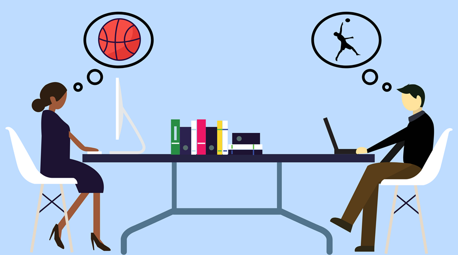 illustration of a woman and a man working on computers across from each other at a table, both are thinking about basketball