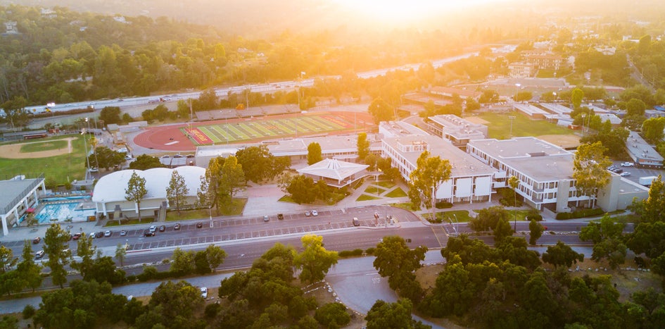 aerial view of school property at sunset