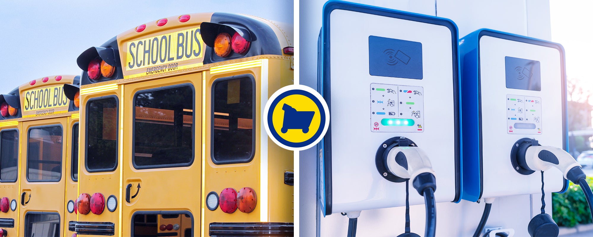 side by side photos of the back of a line of parked school buses and an electric charging station (banner image)