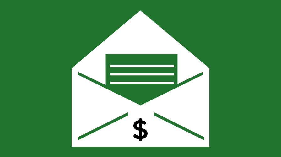 white envelope stamped with a dollar sign and containing a green letter