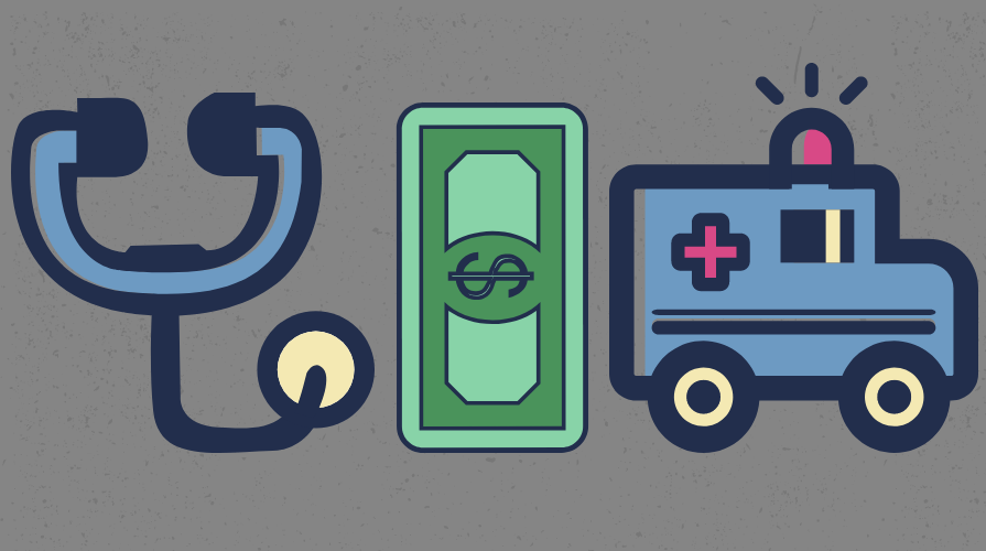 Illustration of a dollar bill, stethoscope, and an ambulance