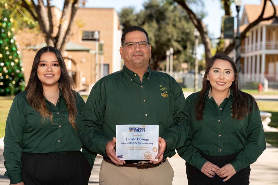 Laredo College employees with the school's Fund Excellence Award: Stephanie Moreno, environmental health and safety coordinator; Dr. David Arreazola, vice president of compliance and risk management; Casandra Salinas, safety and risk manager 
