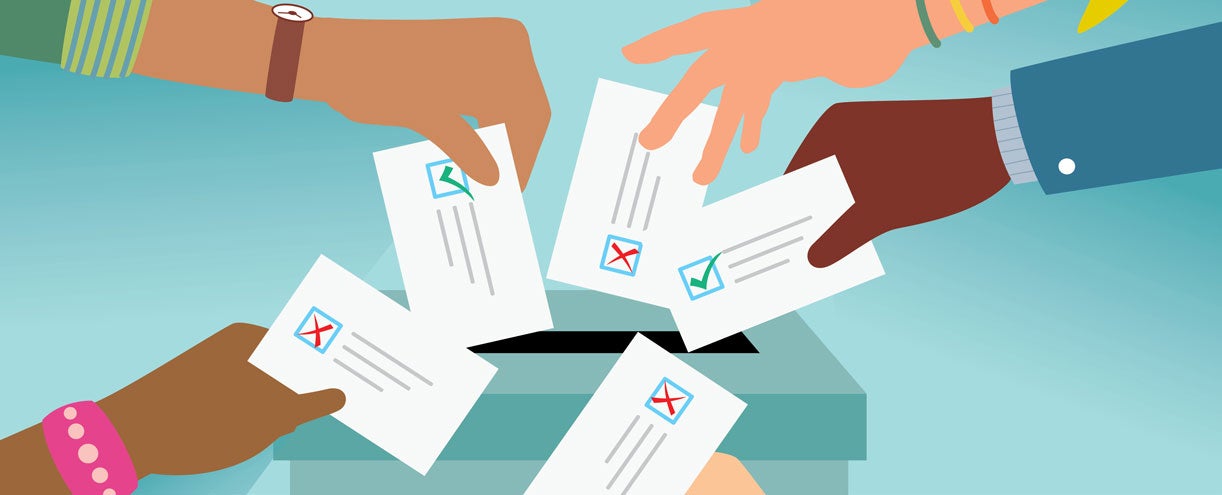 Illustration of hands over an election box