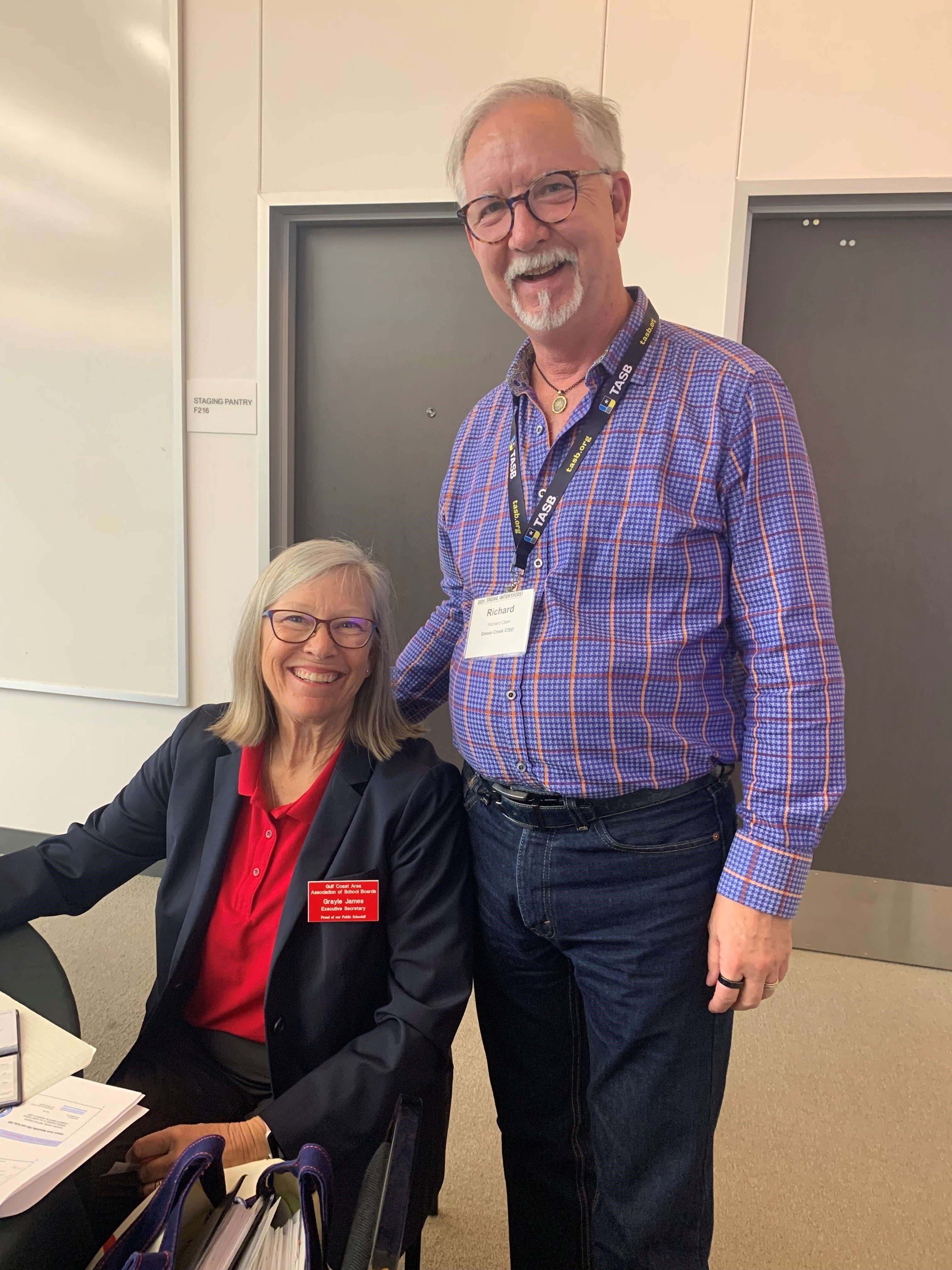 photo of Executive Secretary Grayle James of Gulf Coast Area Association of School Boards and Richard Clem of Goose Creek CISD at Spring Workshop Houston on April 10, 2024