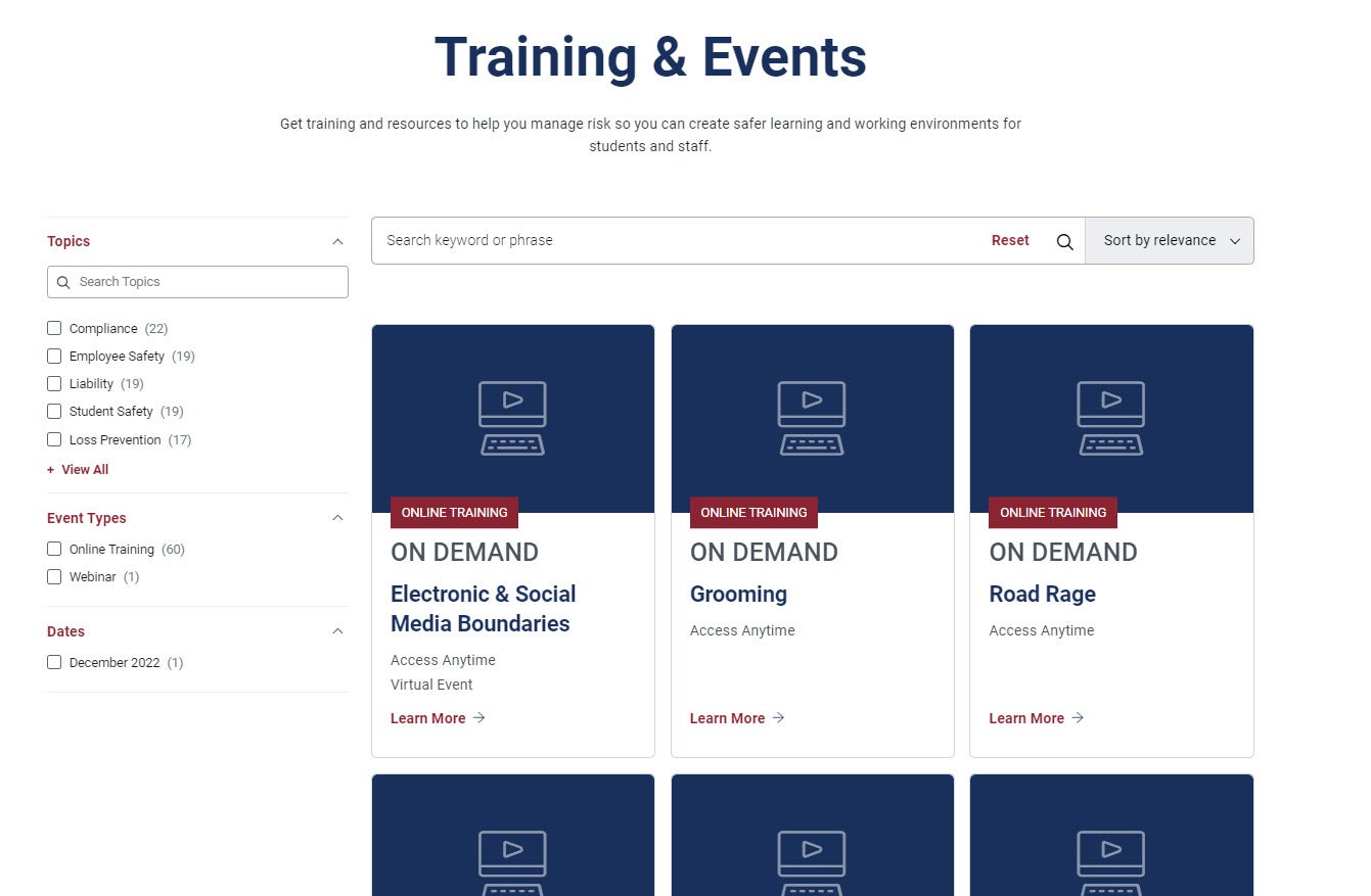 Training and Events Page