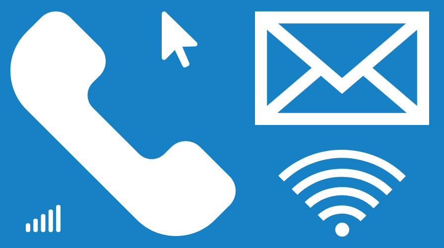 illustration of a white phone, mail, wifi signal, and mouse pointer on blue background