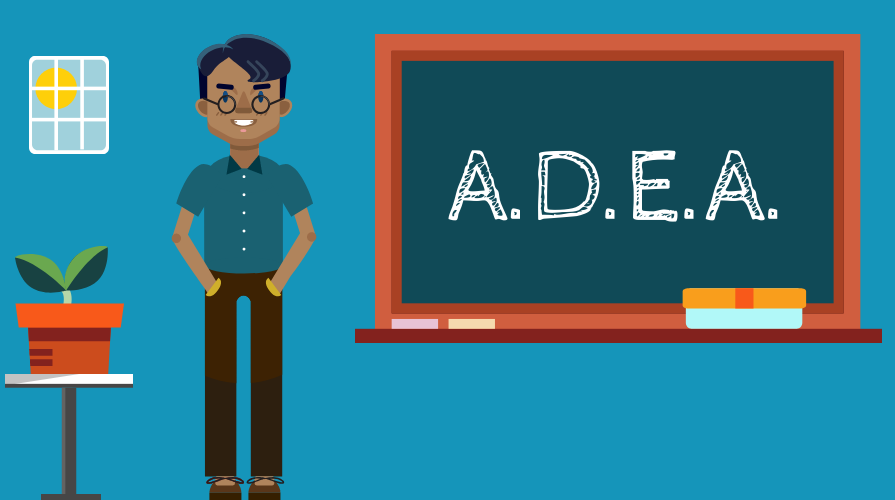 illustration of man next to a chalkboard with the letters A.D.E.A
