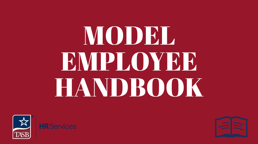 Model employee handbook with the TASB logo, on a red background