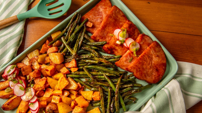 Sheet Pan Ham Steaks with Sweet Potatoes