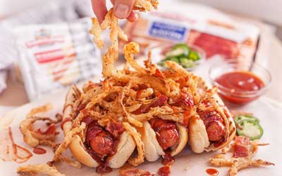 BBQ Hot Dogs with Bacon & Fried Onions