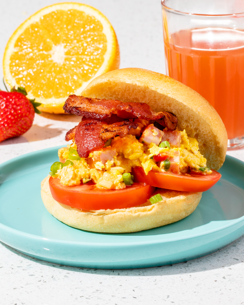 Thick Cut Bacon, Ham and Pimento Cheese Breakfast Sandwich