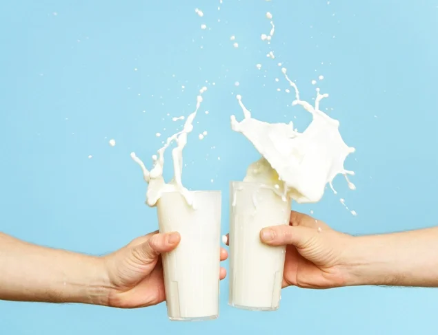Two men clinking full glasses of milk that splashes out the top