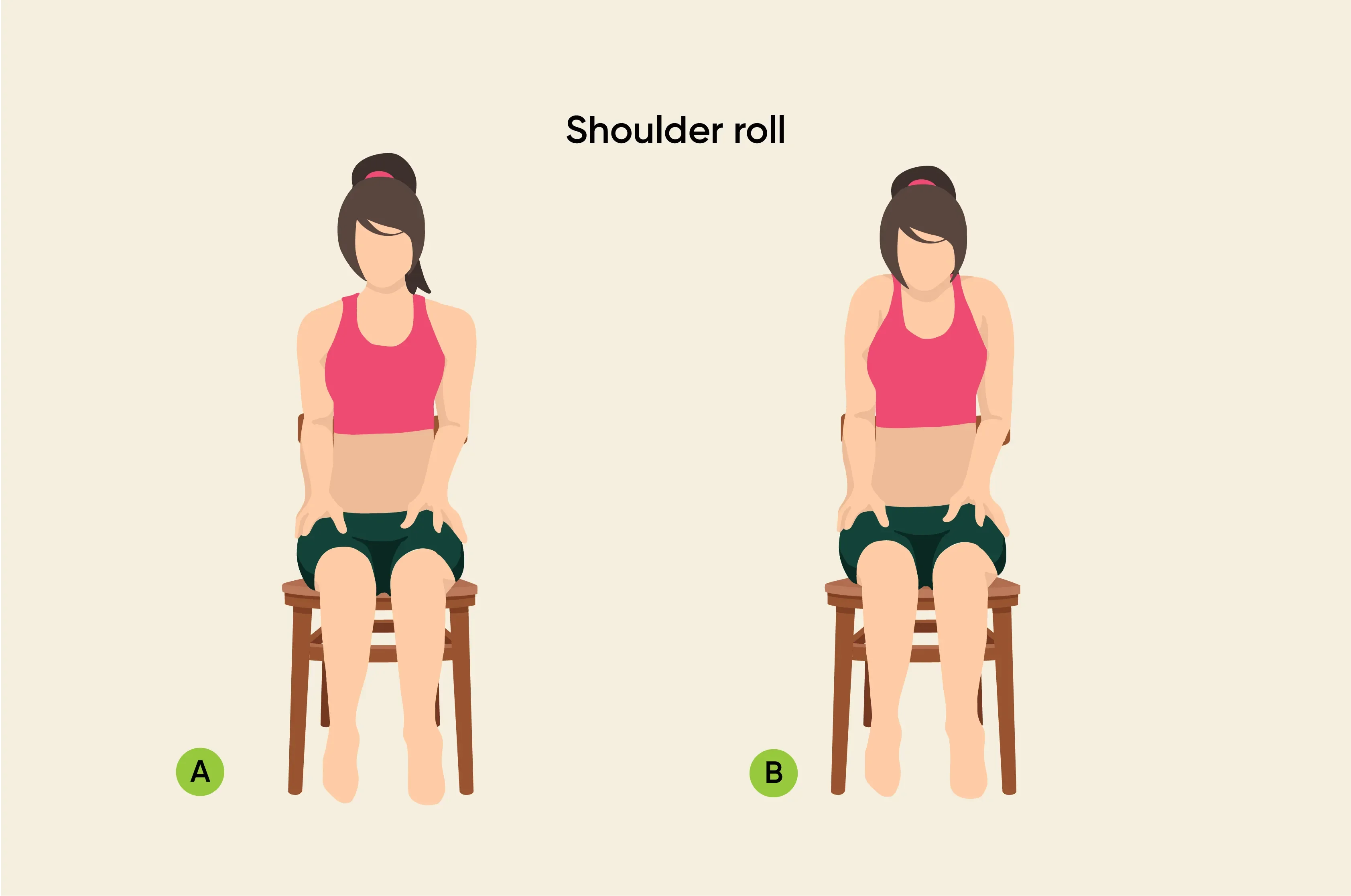 Woman doing a shoulder roll stretch whilst on a chair