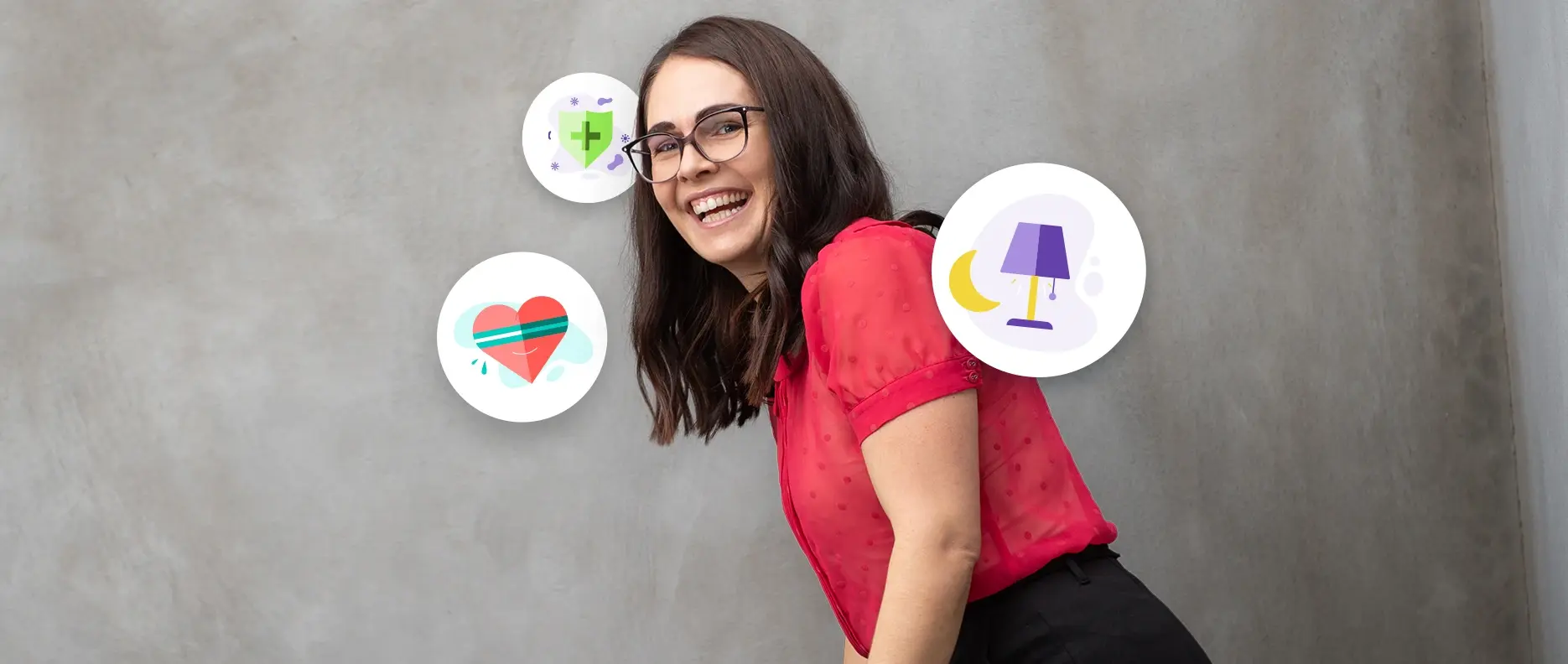 healthylife head of health and nutrition Sarah Grey smiling and surrounded by symbolic graphics of health symptoms